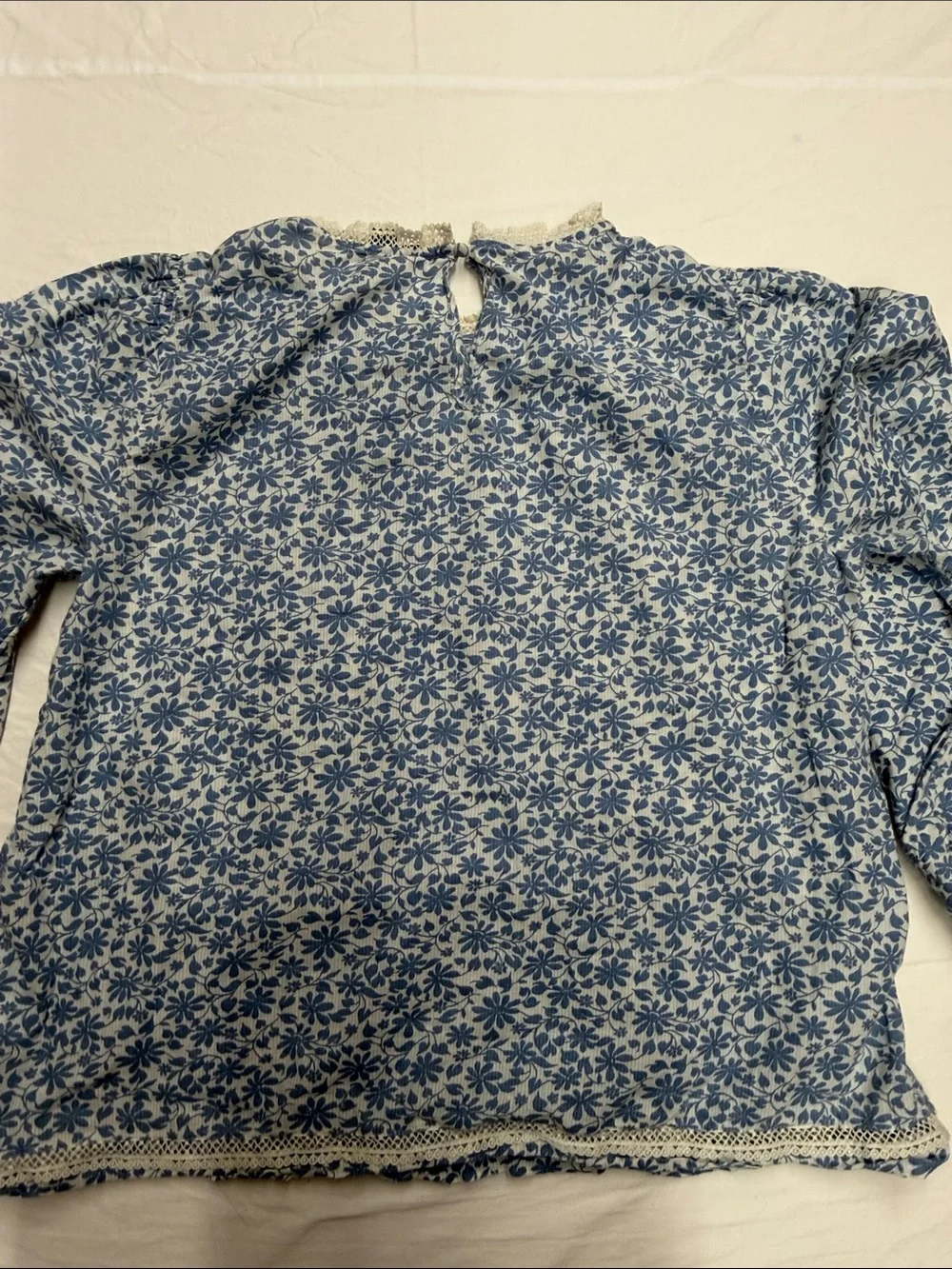 J. Crew Blue Floral Lace-Trim Long-Sleeve Blouse